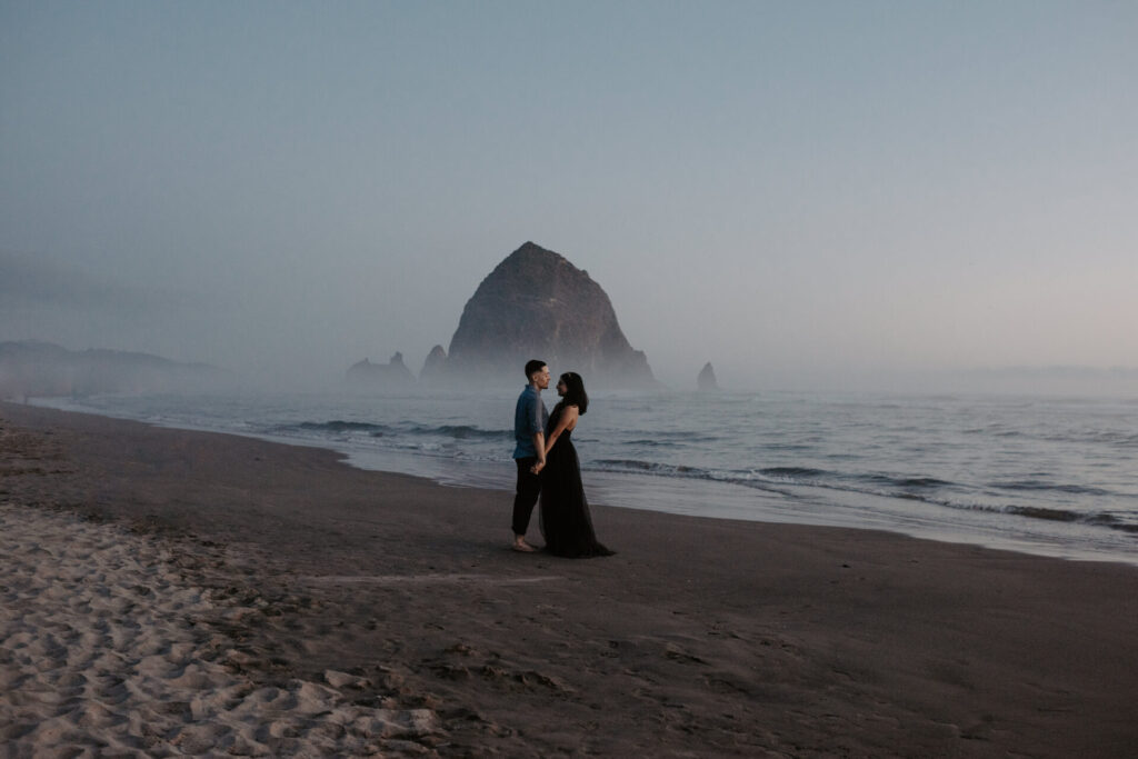 cannon beach elopement at haystack rock black wedding dress