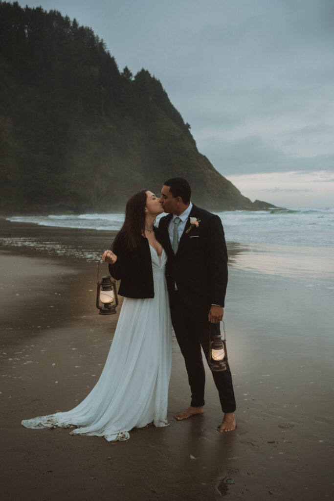 bride and groom oregon coast elopement lantern light 